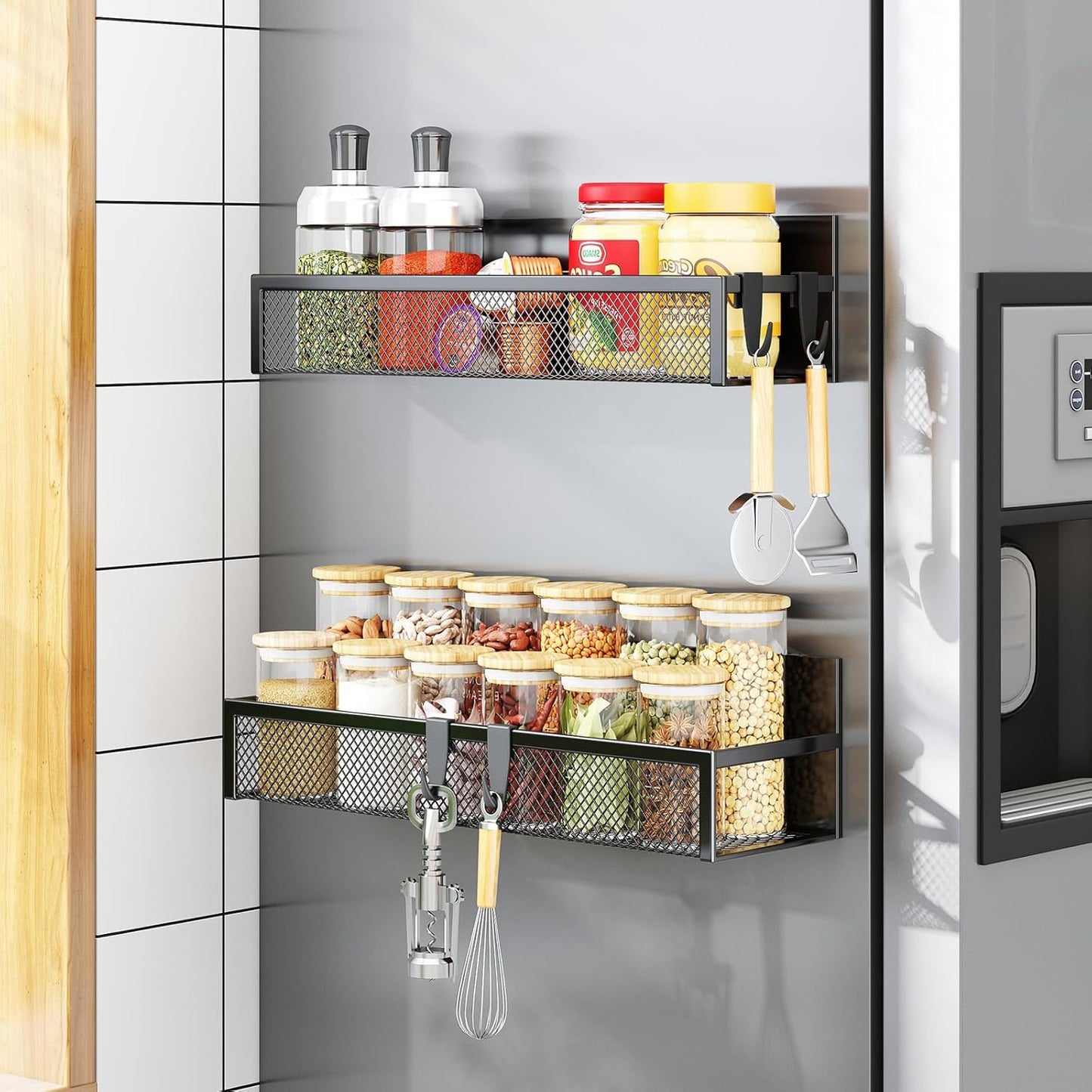 Magnetic Spice Rack for Refrigerator, 2 Pack Magnetic Shelf, Fridge Magnet Organizer with Moveable 4 Hooks, Magnet Fridge Shelf for Kitchen Organization and Storage (2 Pack)
