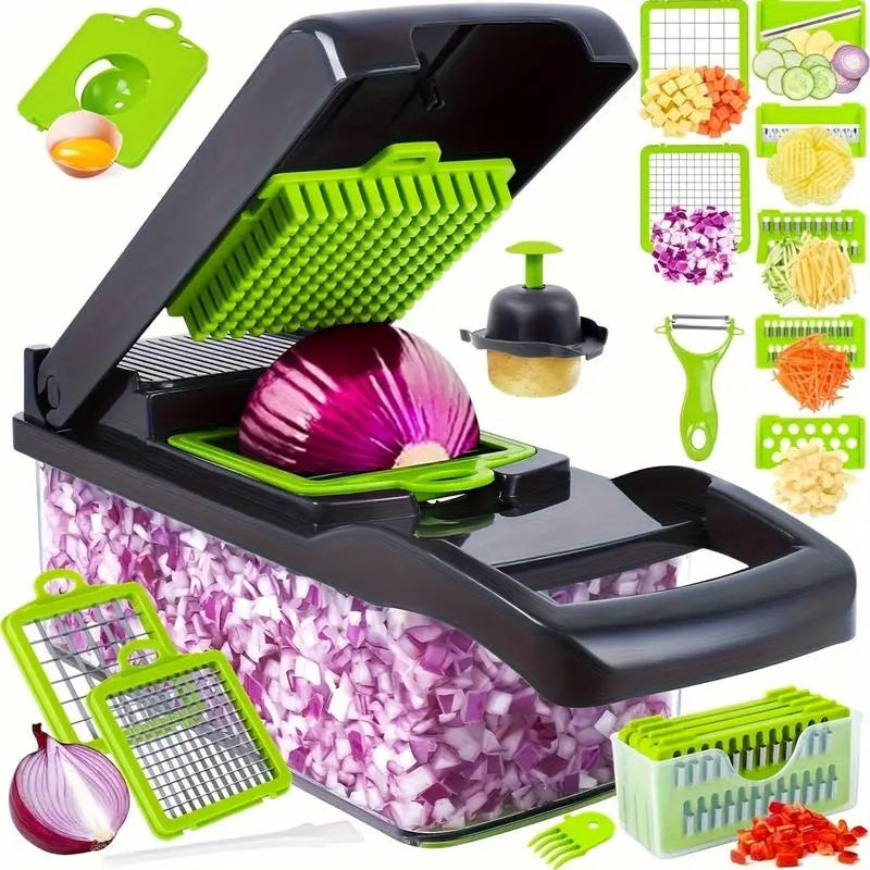 All-In-One 16-In-1 Kitchen Slicer Set | Manual Food Processor with Container, Drain Basket & Hand Guard for Effortless Prep of Veggies