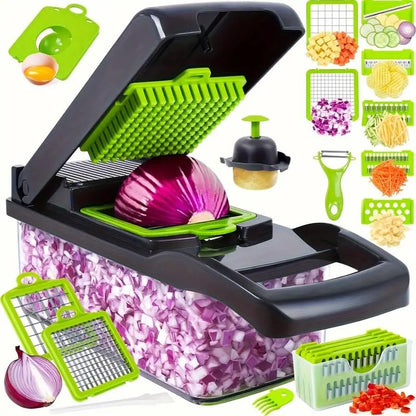 All-In-One 16-In-1 Kitchen Slicer Set | Manual Food Processor with Container, Drain Basket & Hand Guard for Effortless Prep of Veggies