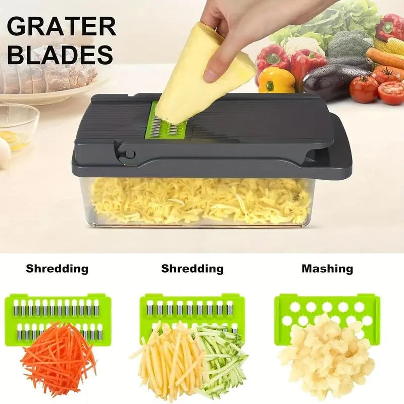 All-In-One 16-In-1 Kitchen Slicer Set | Manual Food Processor with Container, Drain Basket & Hand Guard for Effortless Prep of Veggies