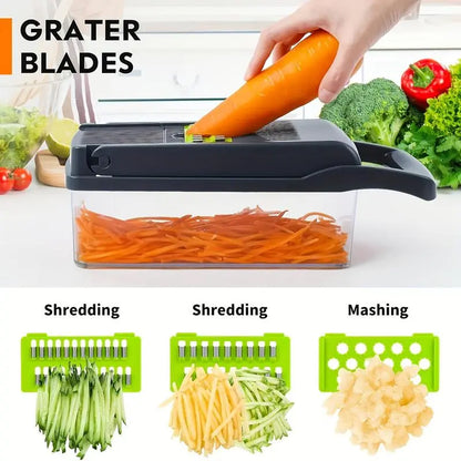 All-In-One 16-In-1 Kitchen Slicer Set | Manual Food Processor with Container, Drain Basket & Hand Guard for Effortless Prep of Veggies