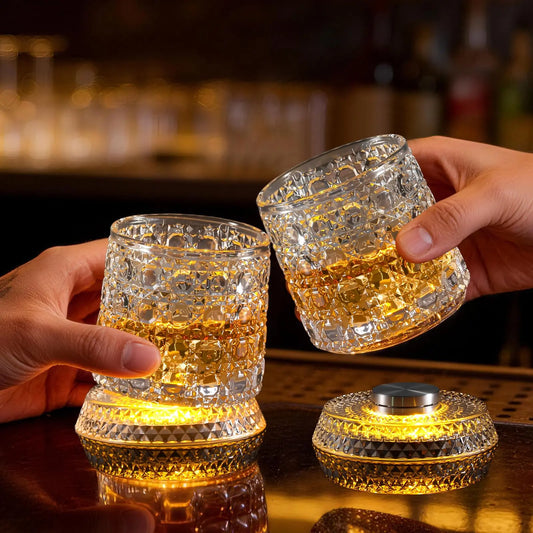 Stylish Rotating Crystal Whiskey Glass - 260Ml Spinning Tumbler with LED Light Base, Clear Home Bar Glass for Cocktails & Gifting, Classic Father’S Day Party Gift