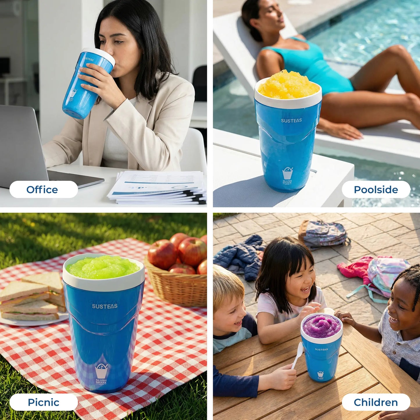 SUSTEAS Slush and Shake Maker, Compact Make and Serve Cup with Freezer Core Creates Single-Serving Smoothies, Slushies and Milkshakes in Minutes, Bpa-Free, Blue