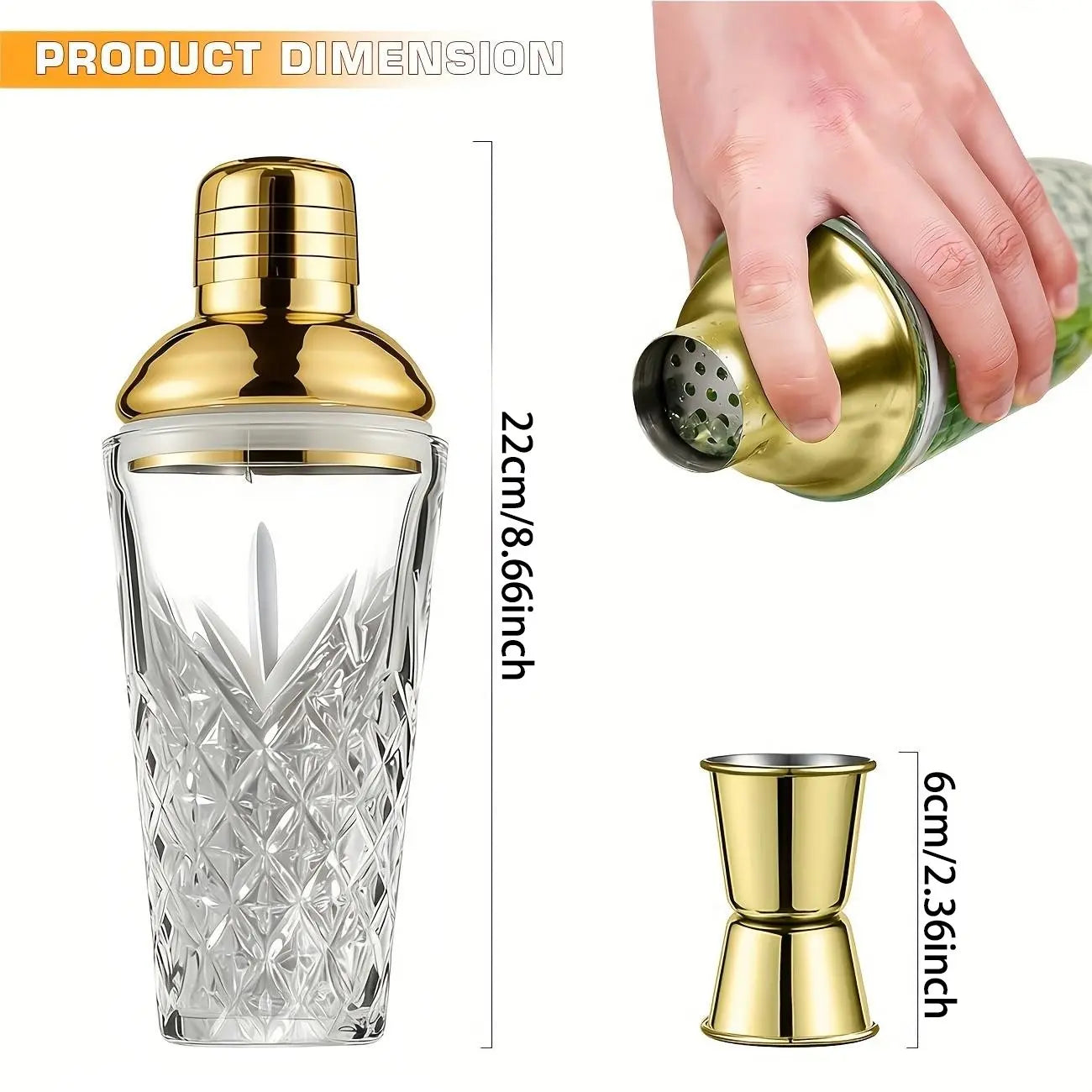 Elegant Glass Cocktail Shaker with Sword Pattern, Stainless Steel Lid, Utensils, Ideal for Bars, Pubs, Clubs, Restaurants, Home Use