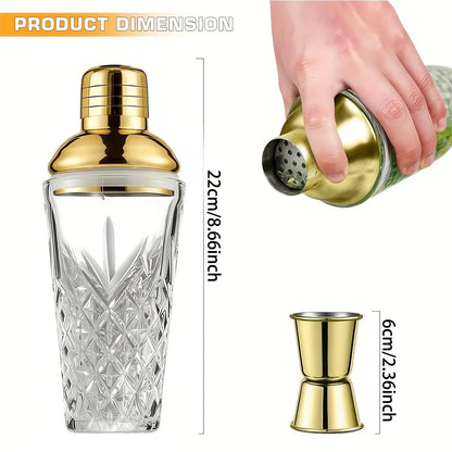 Elegant Glass Cocktail Shaker with Sword Pattern, Stainless Steel Lid, Utensils, Ideal for Bars, Pubs, Clubs, Restaurants, Home Use