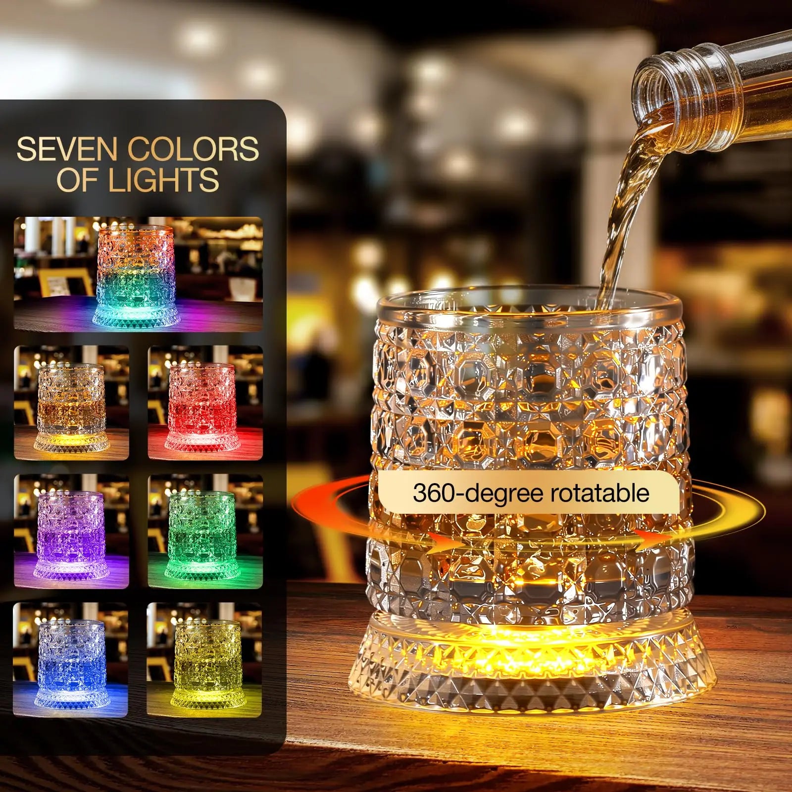 Stylish Rotating Crystal Whiskey Glass - 260Ml Spinning Tumbler with LED Light Base, Clear Home Bar Glass for Cocktails & Gifting, Classic Father’S Day Party Gift