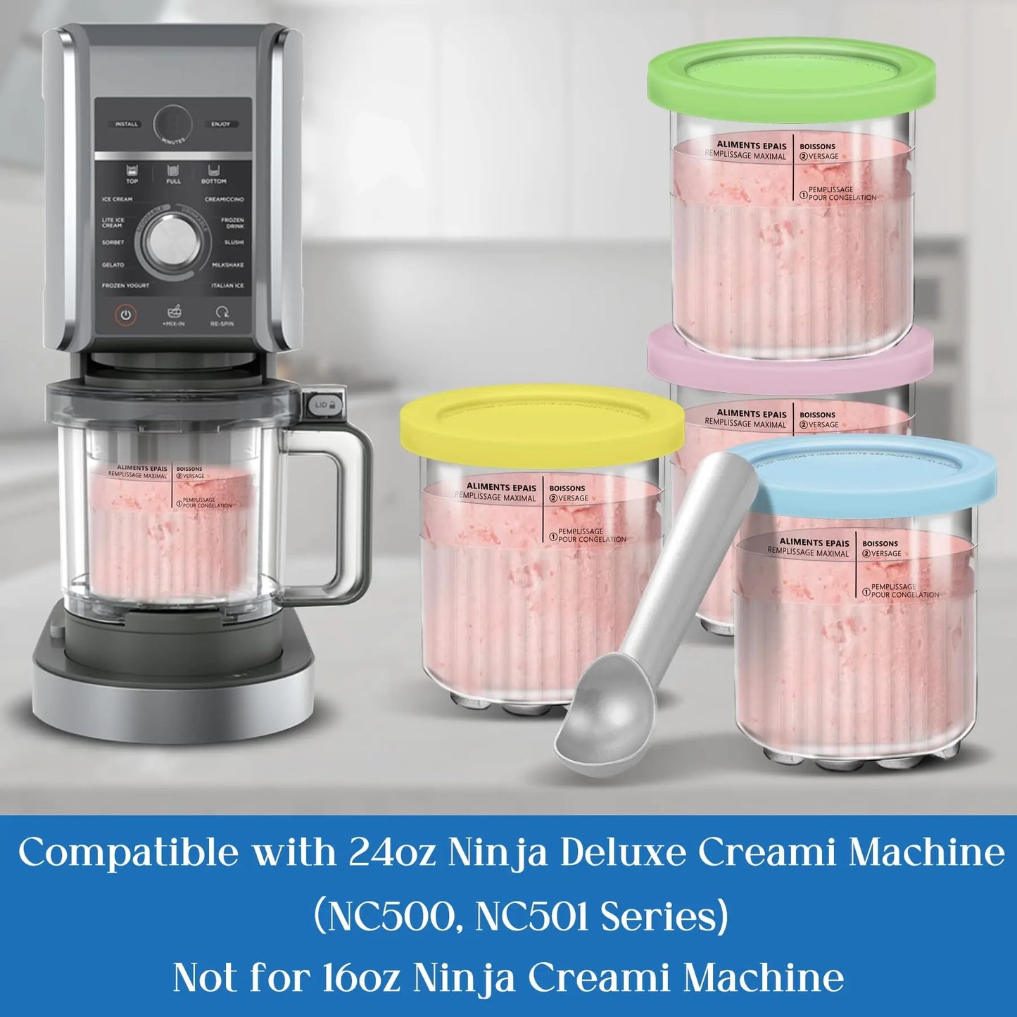 Ninja Creami Pint Ice Cream Cups and Lids Set, 4 Piece 24Oz Luxury 11-In-1 Container Kit, Compatible with Nc501 Nc500 Series, Spoons