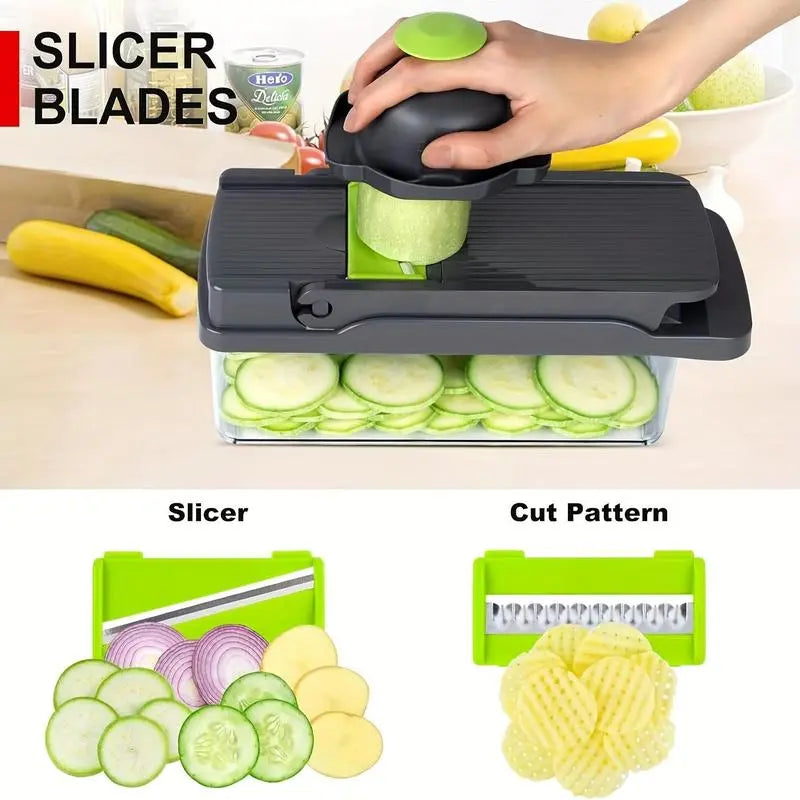 All-In-One 16-In-1 Kitchen Slicer Set | Manual Food Processor with Container, Drain Basket & Hand Guard for Effortless Prep of Veggies