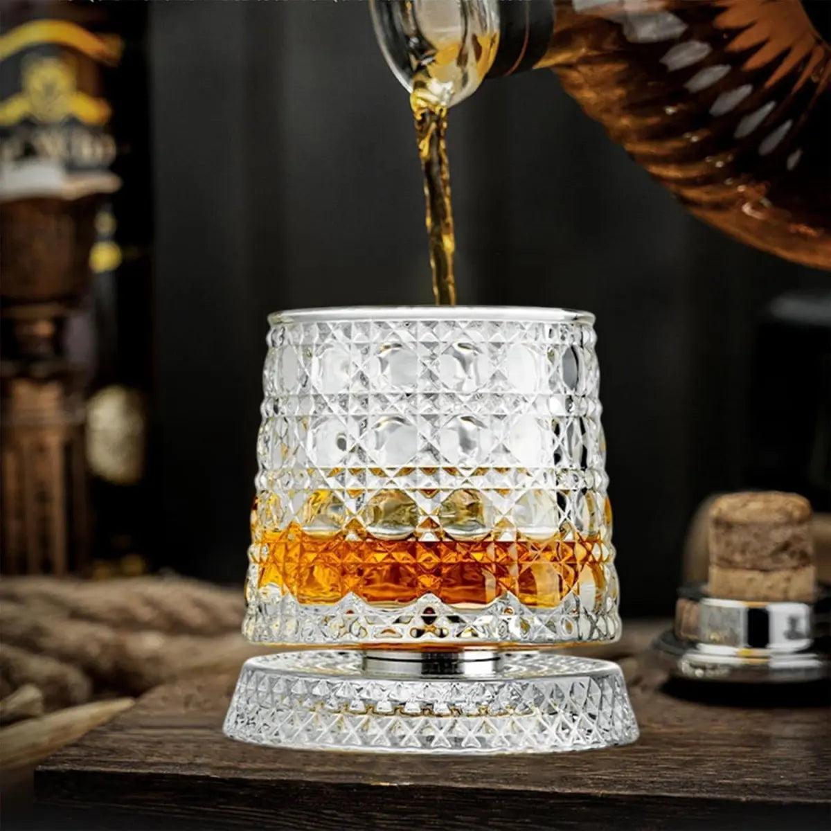 Stylish Rotating Crystal Whiskey Glass - 260Ml Spinning Tumbler with LED Light Base, Clear Home Bar Glass for Cocktails & Gifting, Classic Father’S Day Party Gift