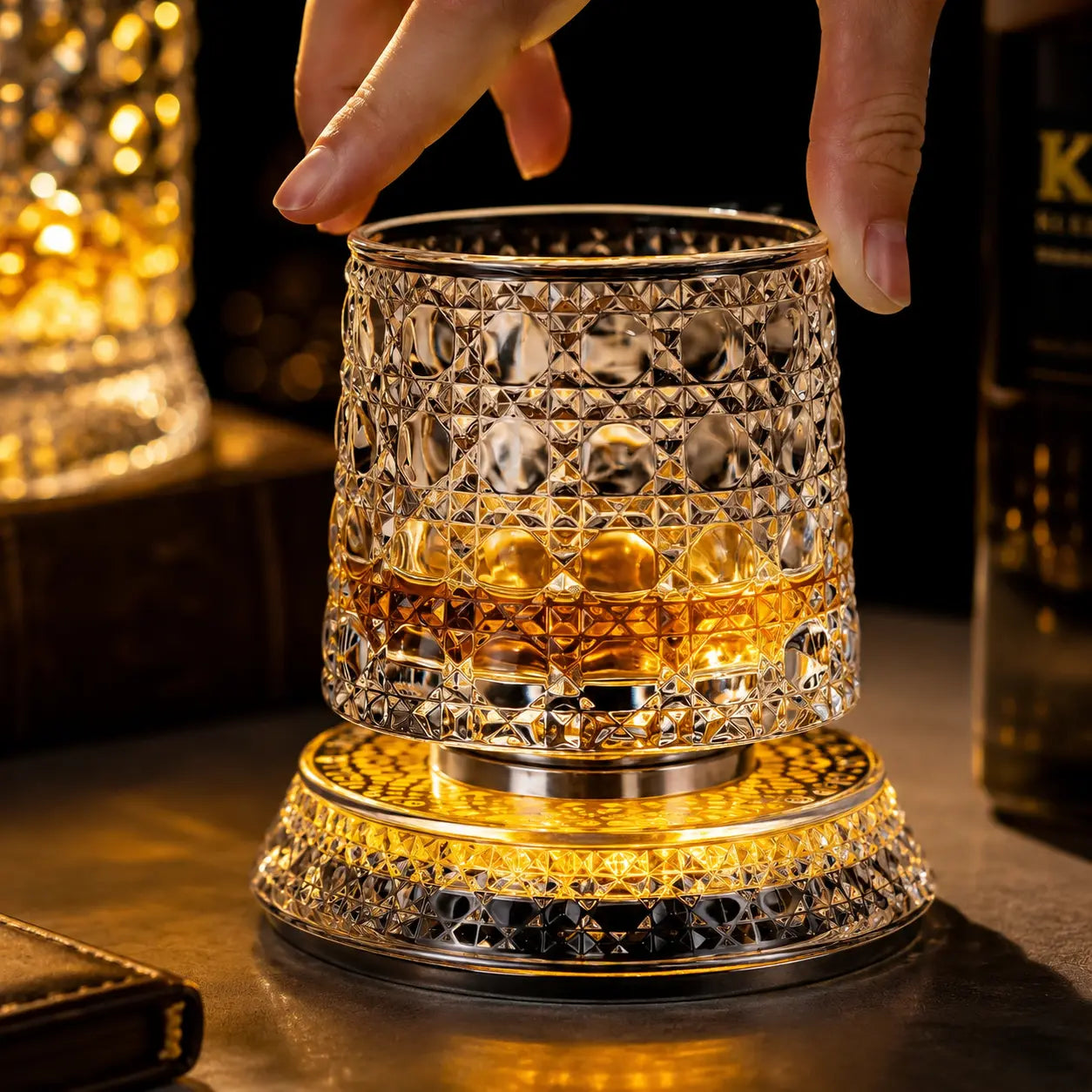 Stylish Rotating Crystal Whiskey Glass - 260Ml Spinning Tumbler with LED Light Base, Clear Home Bar Glass for Cocktails & Gifting, Classic Father’S Day Party Gift