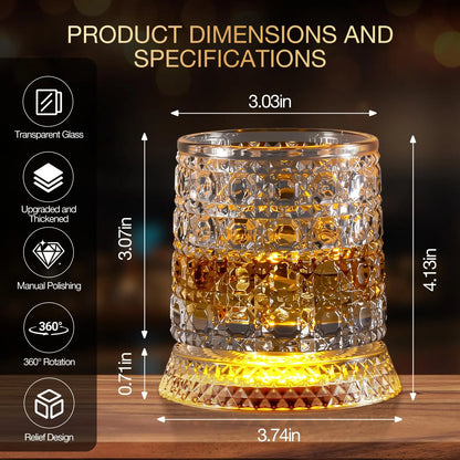 Stylish Rotating Crystal Whiskey Glass - 260Ml Spinning Tumbler with LED Light Base, Clear Home Bar Glass for Cocktails & Gifting, Classic Father’S Day Party Gift