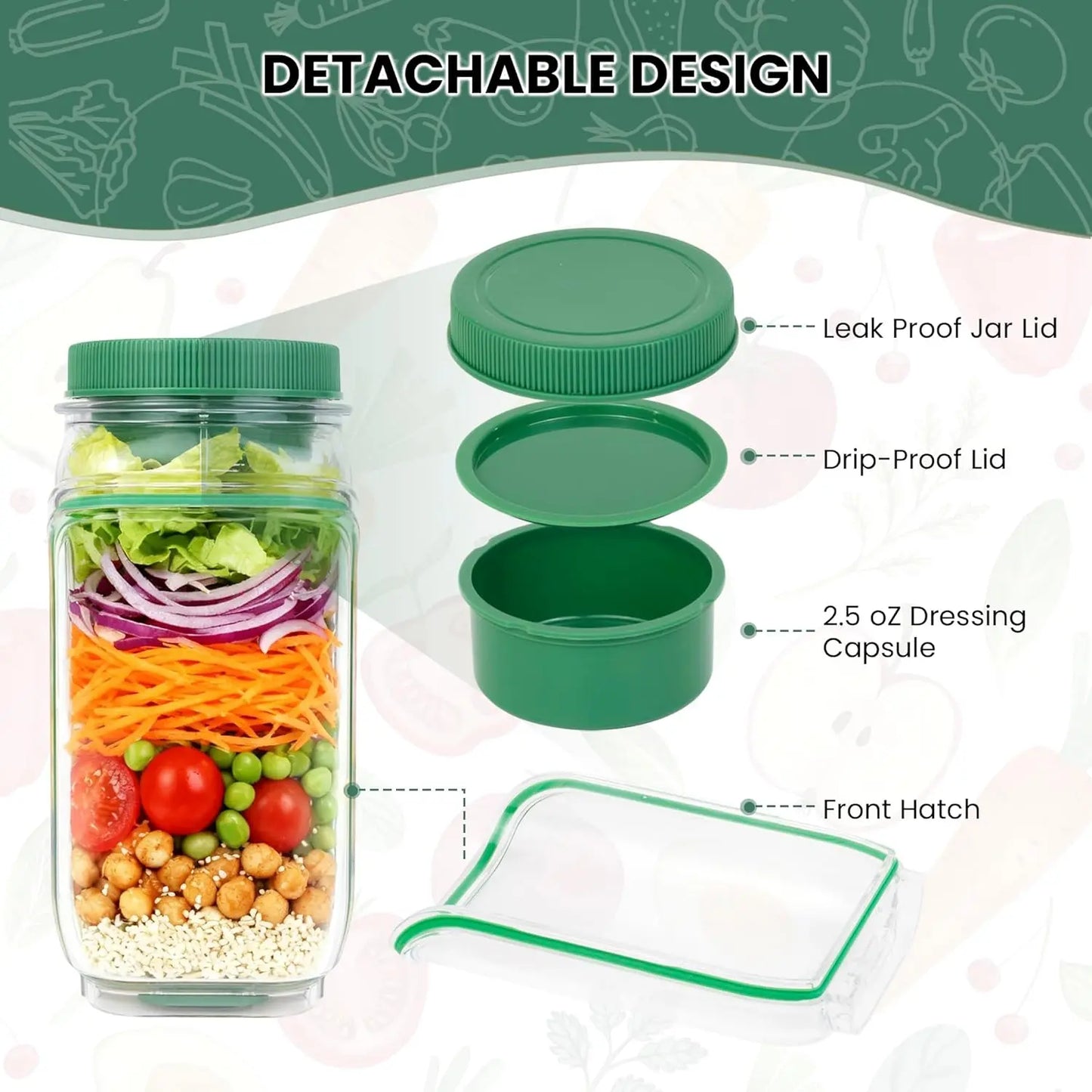 Upgraded Side-Opening Salad Container to Go – 35 OZ / 1000Ml Leakproof Salad Jar with Dressing Cup, Portable Reusable Lunch Container for Meal Prep, Office, Gym & Travel