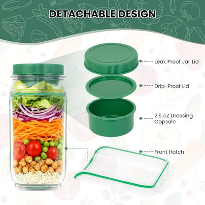 Upgraded Side-Opening Salad Container to Go – 35 OZ / 1000Ml Leakproof Salad Jar with Dressing Cup, Portable Reusable Lunch Container for Meal Prep, Office, Gym & Travel