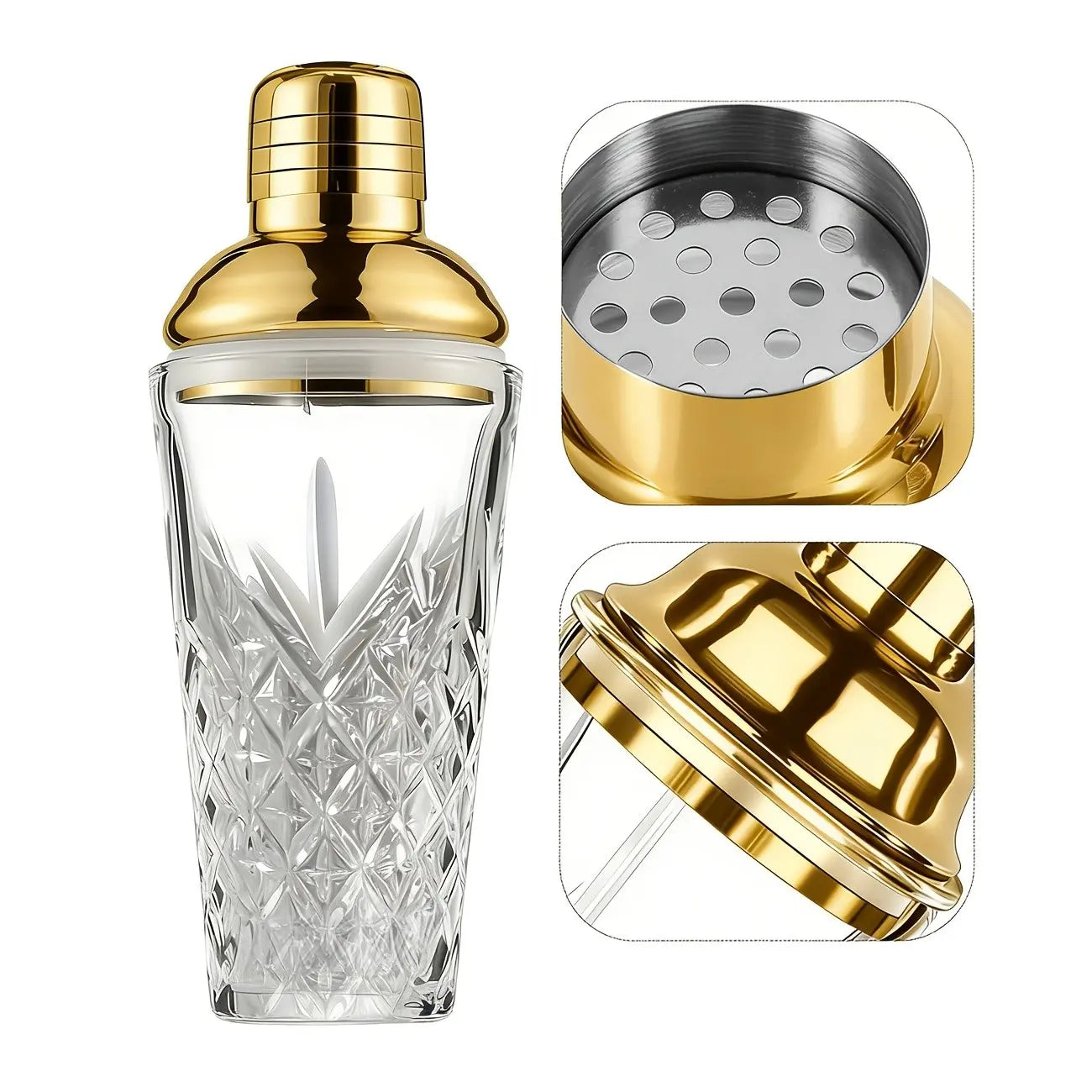 Elegant Glass Cocktail Shaker with Sword Pattern, Stainless Steel Lid, Utensils, Ideal for Bars, Pubs, Clubs, Restaurants, Home Use