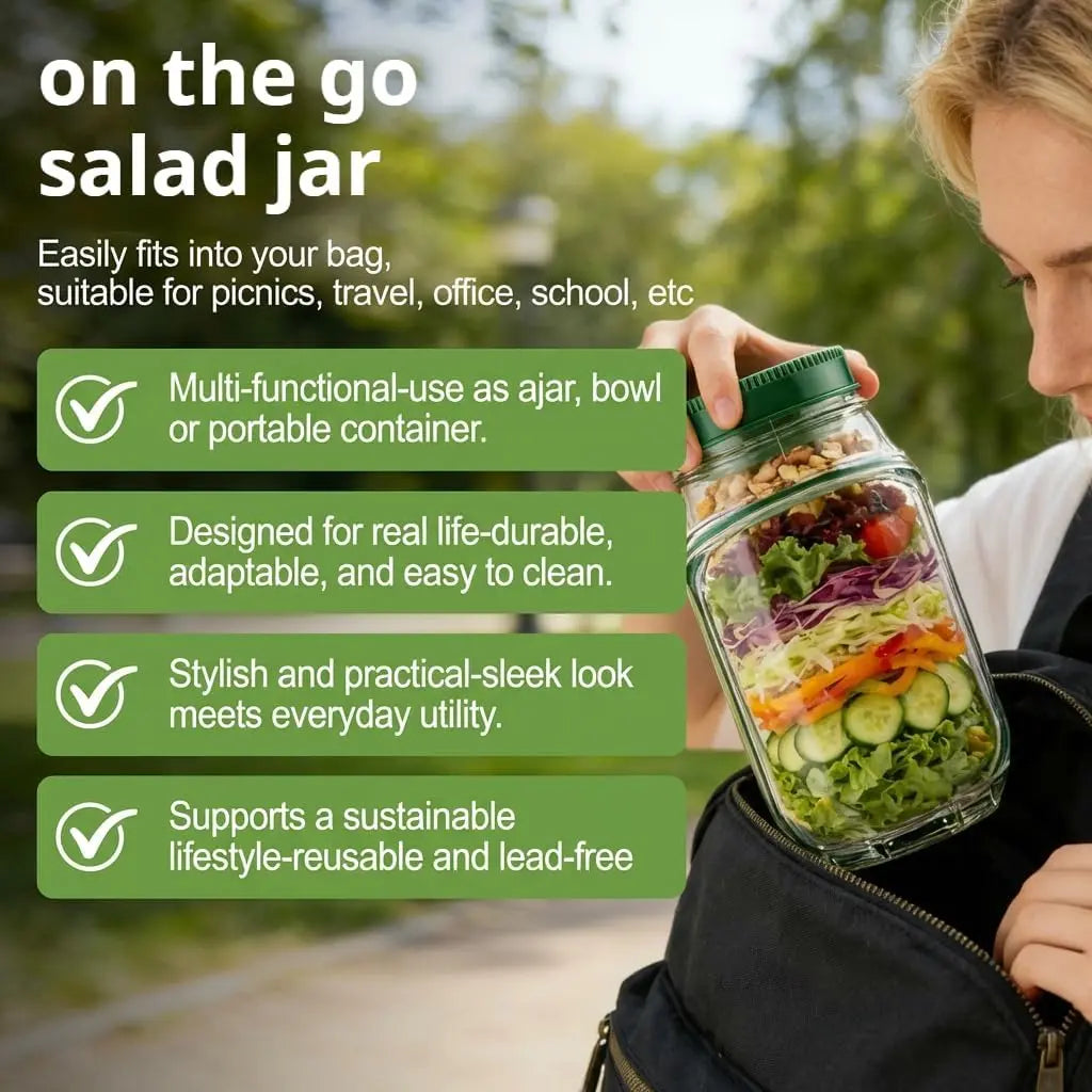 Upgraded Side-Opening Salad Container to Go – 35 OZ / 1000Ml Leakproof Salad Jar with Dressing Cup, Portable Reusable Lunch Container for Meal Prep, Office, Gym & Travel