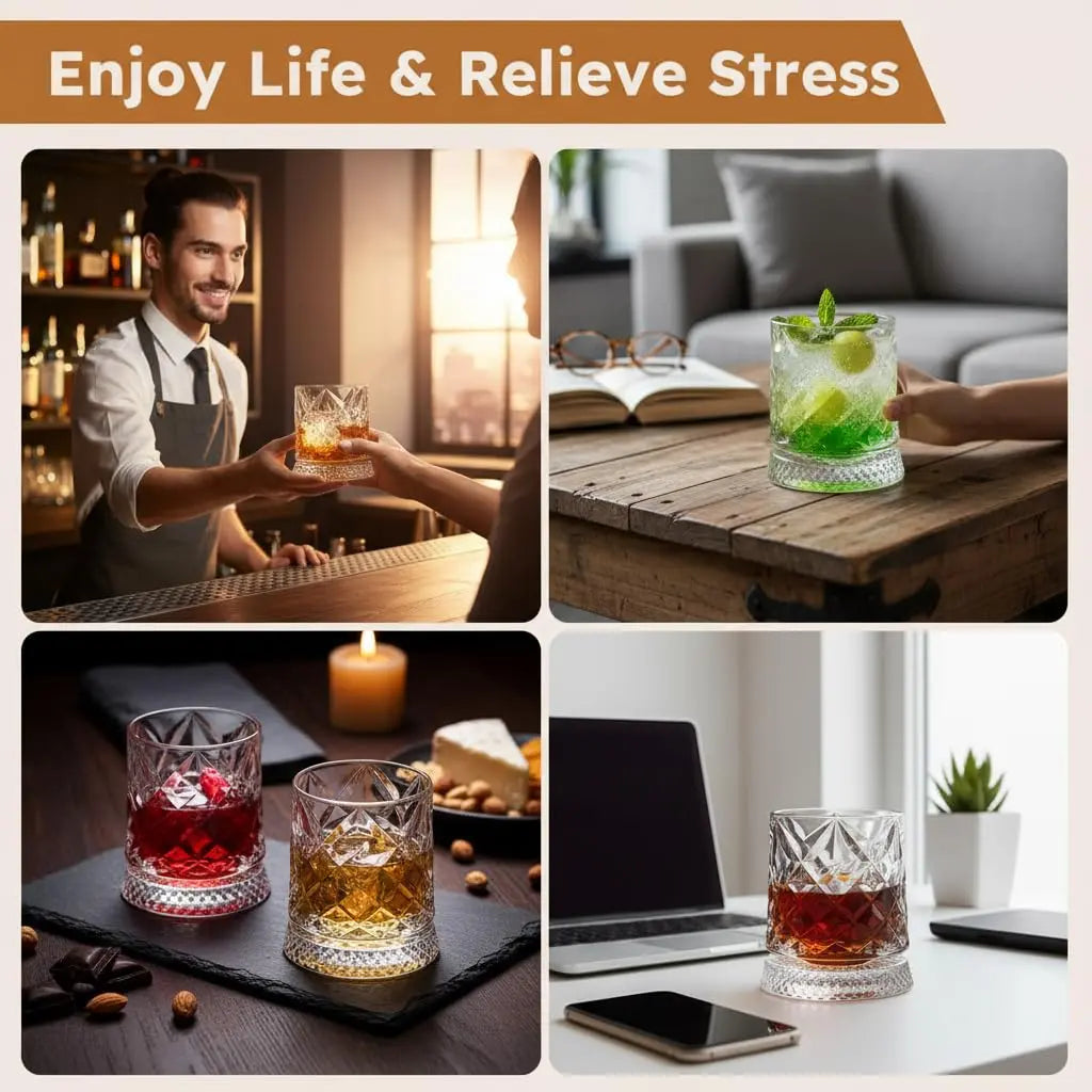 Stylish Rotating Crystal Whiskey Glass - 260Ml Spinning Tumbler with LED Light Base, Clear Home Bar Glass for Cocktails & Gifting, Classic Father’S Day Party Gift