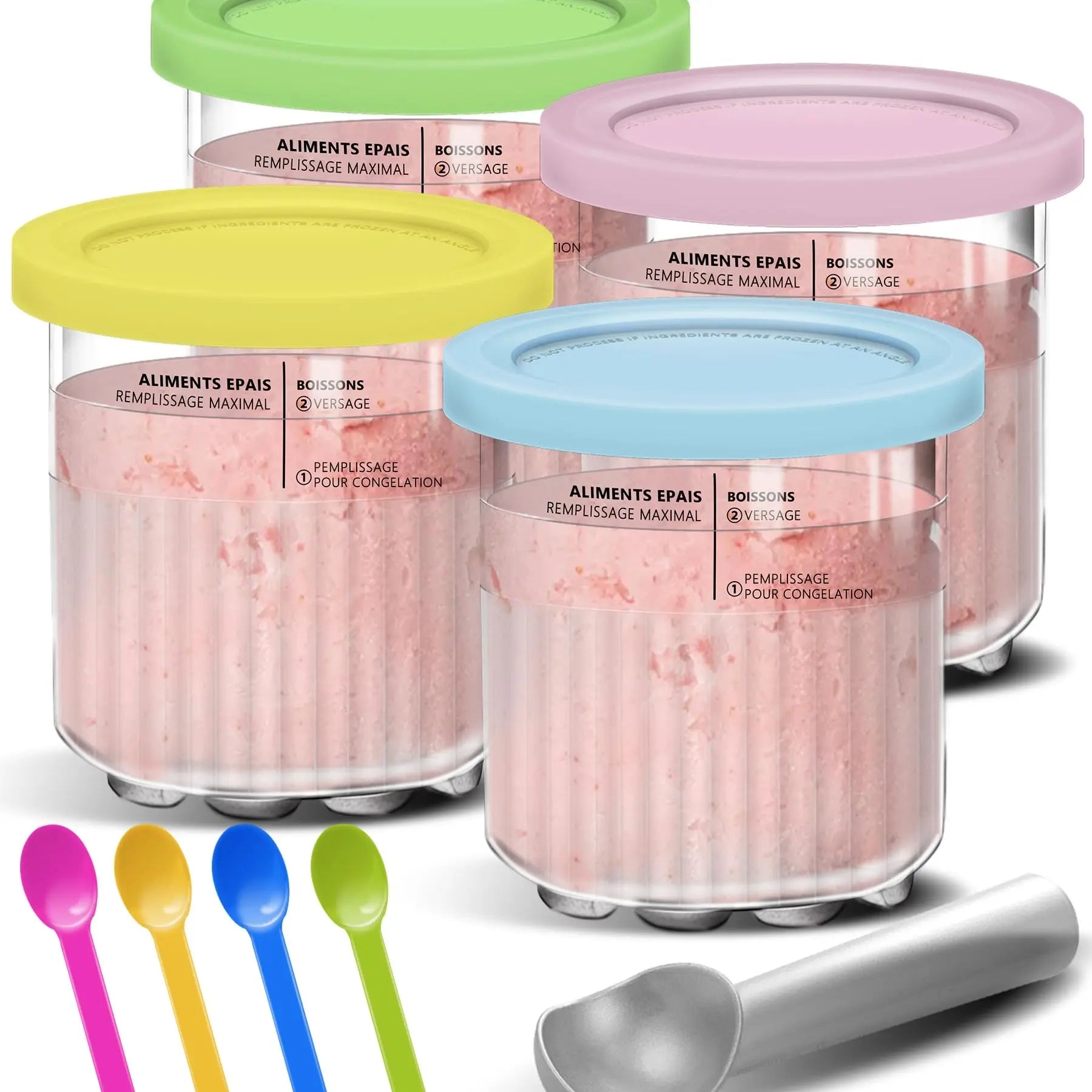 Ninja Creami Pint Ice Cream Cups and Lids Set, 4 Piece 24Oz Luxury 11-In-1 Container Kit, Compatible with Nc501 Nc500 Series, Spoons