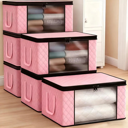 6Pcs Extra Large Foldable Storage Boxes, Folding Storage Containers, Dustproof Visible Window Quilt Storage Bags, Durable Clothes Organizer Bags with Zipper Lid & Reinforced Handles, Ideal for Bedding Blankets Pillows and Garments