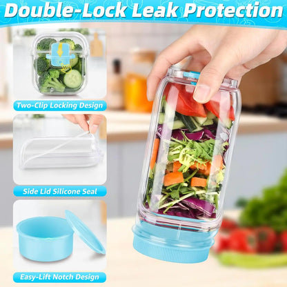 Upgraded Side-Opening Salad Container to Go – 35 OZ / 1000Ml Leakproof Salad Jar with Dressing Cup, Portable Reusable Lunch Container for Meal Prep, Office, Gym & Travel