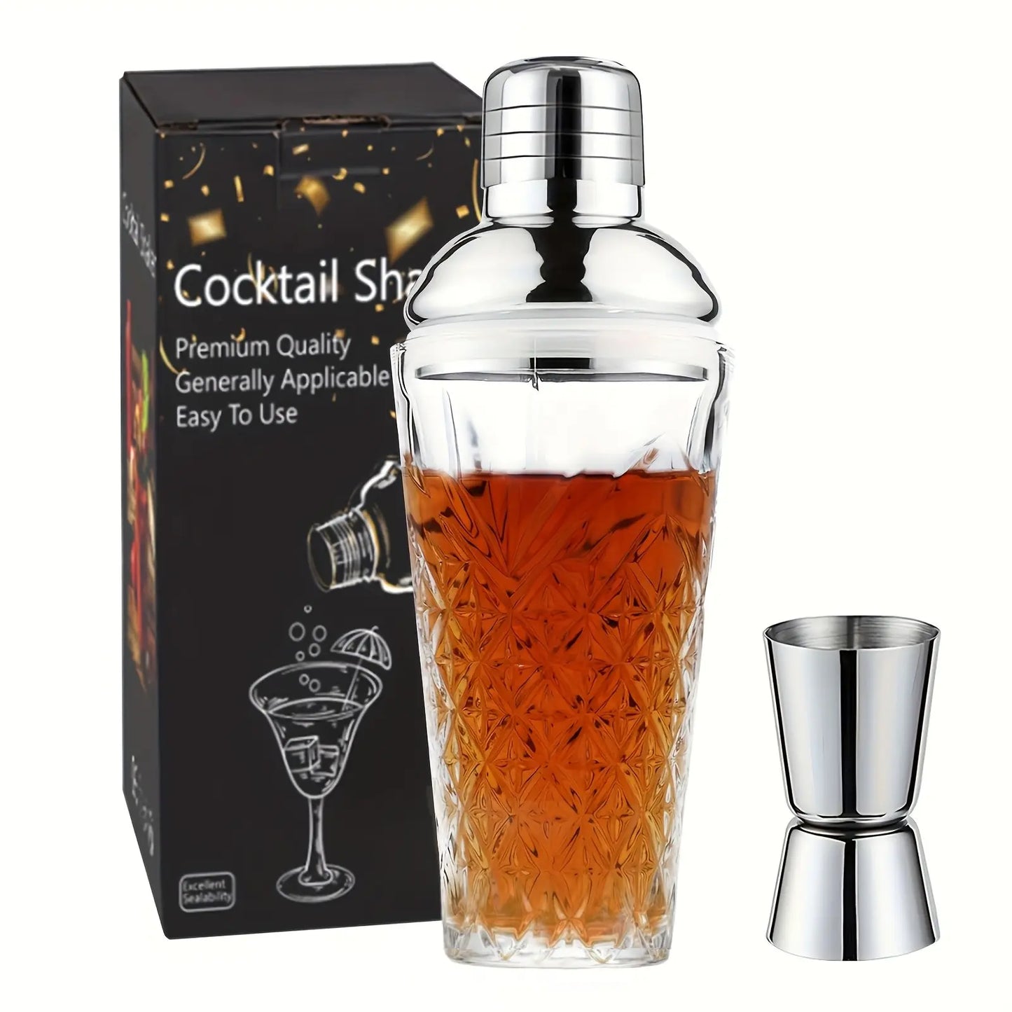 Elegant Glass Cocktail Shaker with Sword Pattern, Stainless Steel Lid, Utensils, Ideal for Bars, Pubs, Clubs, Restaurants, Home Use