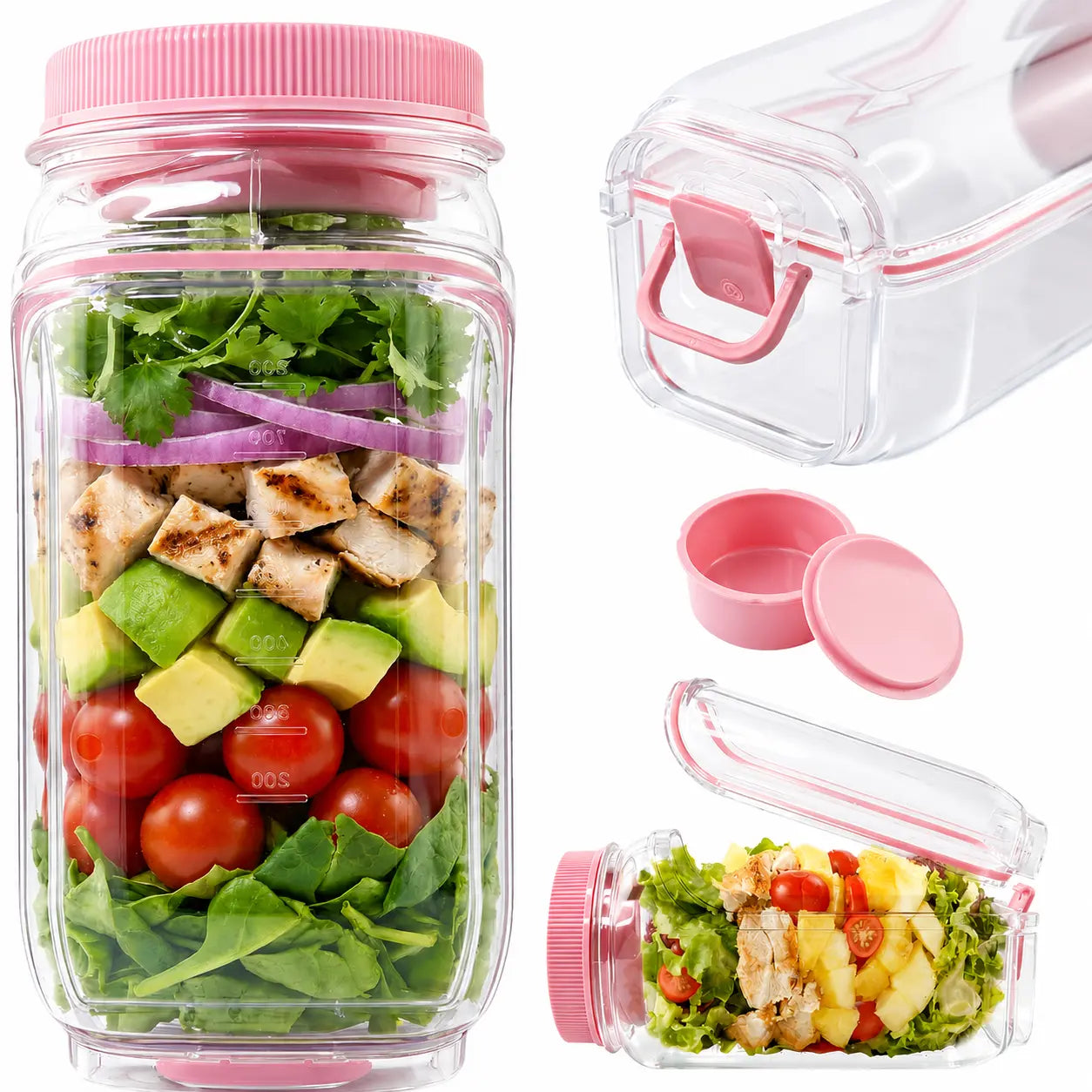 Upgraded Side-Opening Salad Container to Go – 35 OZ / 1000Ml Leakproof Salad Jar with Dressing Cup, Portable Reusable Lunch Container for Meal Prep, Office, Gym & Travel