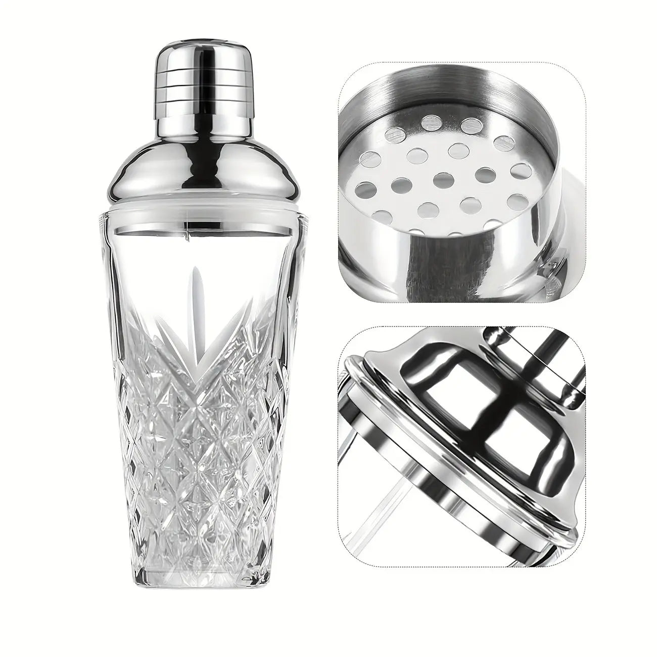 Elegant Glass Cocktail Shaker with Sword Pattern, Stainless Steel Lid, Utensils, Ideal for Bars, Pubs, Clubs, Restaurants, Home Use
