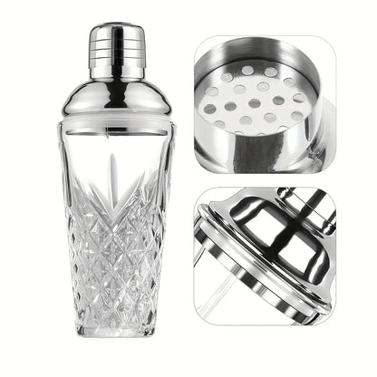 Elegant Glass Cocktail Shaker with Sword Pattern, Stainless Steel Lid, Utensils, Ideal for Bars, Pubs, Clubs, Restaurants, Home Use