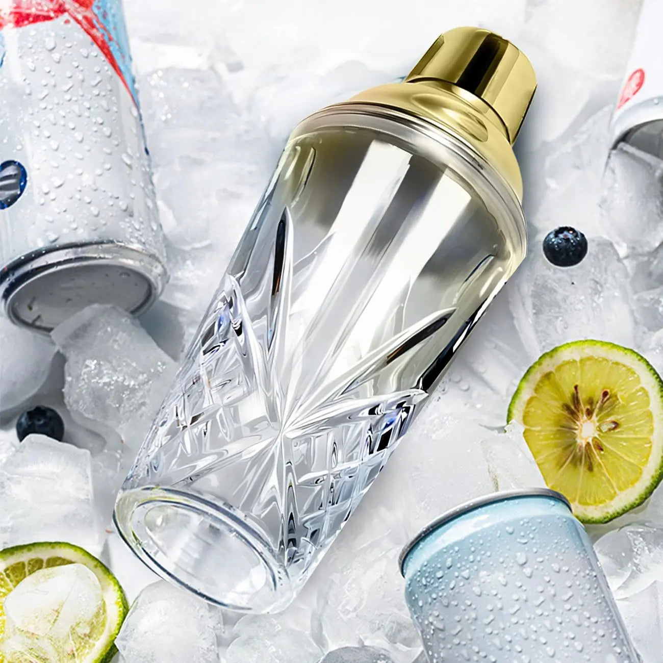 Elegant Glass Cocktail Shaker with Sword Pattern, Stainless Steel Lid, Utensils, Ideal for Bars, Pubs, Clubs, Restaurants, Home Use