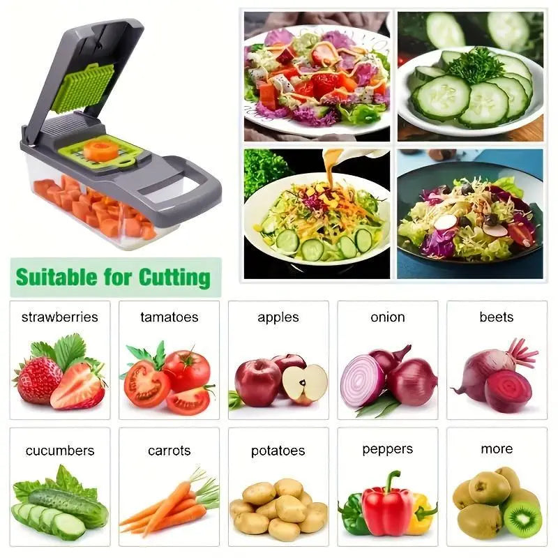 All-In-One 16-In-1 Kitchen Slicer Set | Manual Food Processor with Container, Drain Basket & Hand Guard for Effortless Prep of Veggies