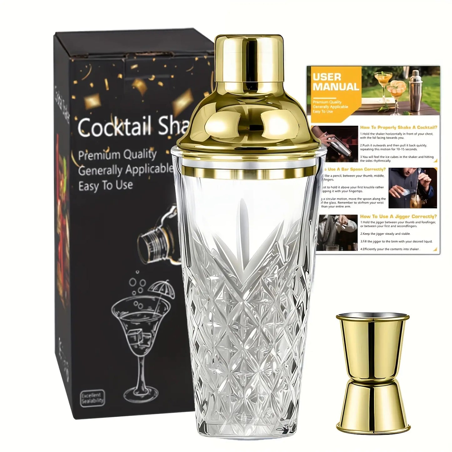 Elegant Glass Cocktail Shaker with Sword Pattern, Stainless Steel Lid, Utensils, Ideal for Bars, Pubs, Clubs, Restaurants, Home Use